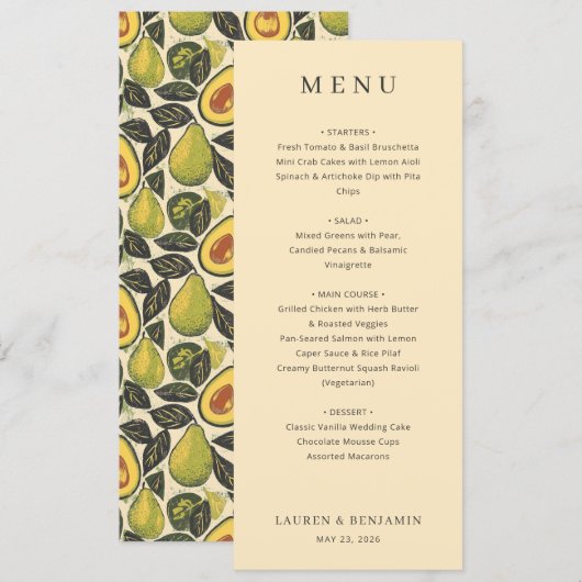 Elegante Beige Avocado Illustratie Menu (Voorkant / Achterkant)