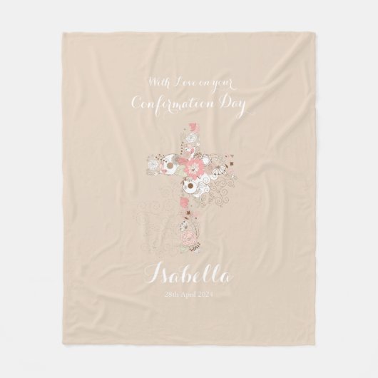 Elegante beige bevestiging bloemenkruisje naam fleece deken (Voorkant)