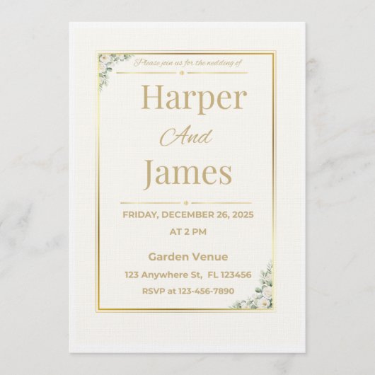 Elegante Beige Bloemen Bruiloft Uitnodiging Uitnod (Voorkant)