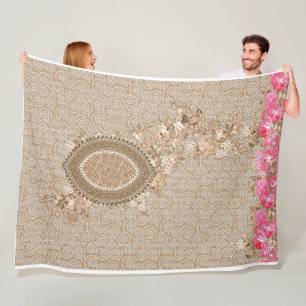 Elegante Beige Bloemen Medallion Fleece Deken