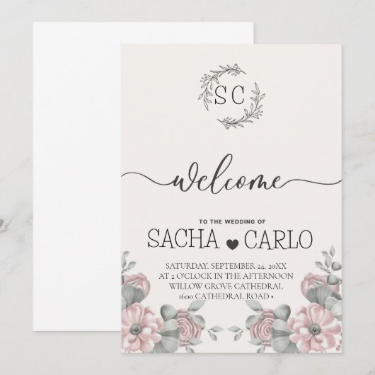 Elegante Beige Bloemenrijke bruiloft uitnodigingsk Kaart (Voorkant / Achterkant)