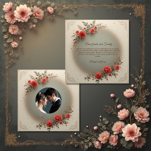 Elegante beige bloemige vintage roos huwelijksfoto bedankkaart