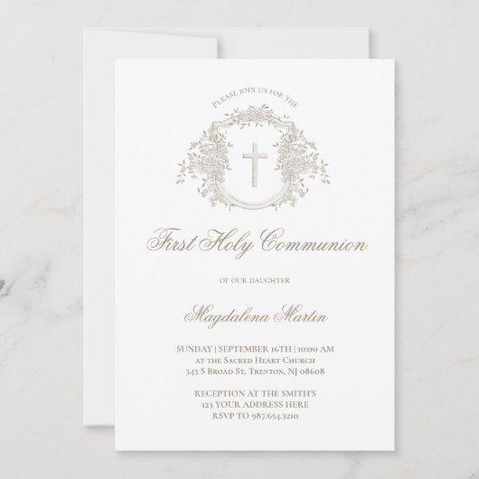 Elegante beige bloemkam | Eerste Heilige Communie Kaart (Voorkant)