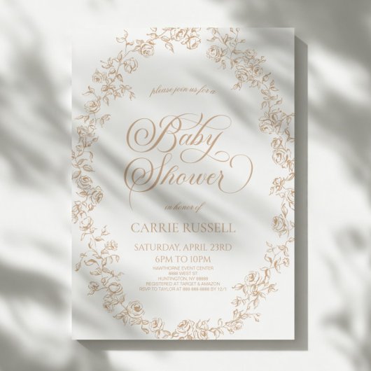 Elegante Beige Bloemrozen Lijnkunst Babyshower Kaart