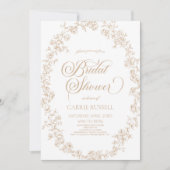 Elegante Beige Bloemrozen Lijnkunst Bruidsdouche Kaart (Voorkant)