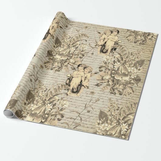 Elegante beige bloesems Angels Oud script Cadeaupapier (Uitgerold)