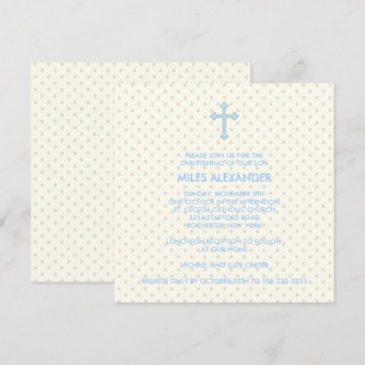 Elegante Beige Blue Cross Boys doop Kaart (Voorkant / Achterkant)