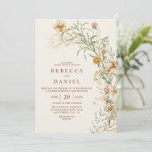 Elegante Beige Boho Bloem Foto Bruiloft Kaart (Staand voorkant)