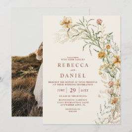Elegante Beige Boho Bloem Foto Bruiloft Kaart