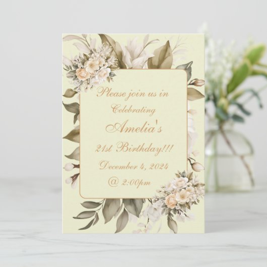 Elegante Beige Boho Bloemen Verjaardag Uitnodiging (Staand voorkant)