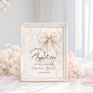 Elegante Beige Boog met Parel Doop Welkom Poster