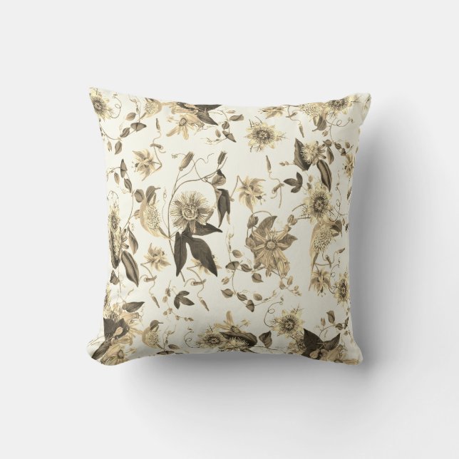 Elegante  beige botanische passiebloemen kussen (Voorkant)