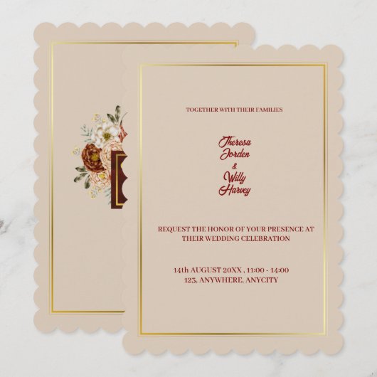 Elegante Beige & Bourgondische Bloemen Huwelijksui Kaart (Voorkant / Achterkant)