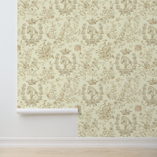 Elegante  Beige Cream Equestrian Toile Behang (Applicatie)