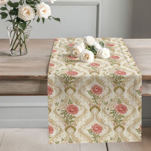 Elegante Beige Damask Blush Rozen Victoriaans Insp Lange Tafelloper