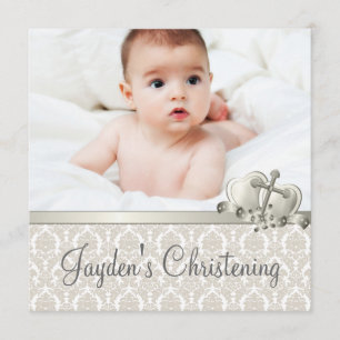 Elegante Beige Damast Jongens Foto Doop Kaart