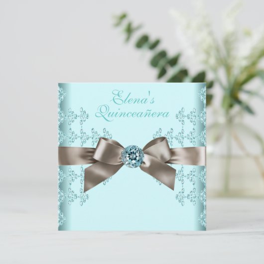 Elegante Beige en Blauwgroen Blue Quinceanera Kaart (Staand voorkant)