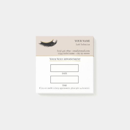 Elegante beige en gouden wimperafspraak post-it® notes (Voorkant)