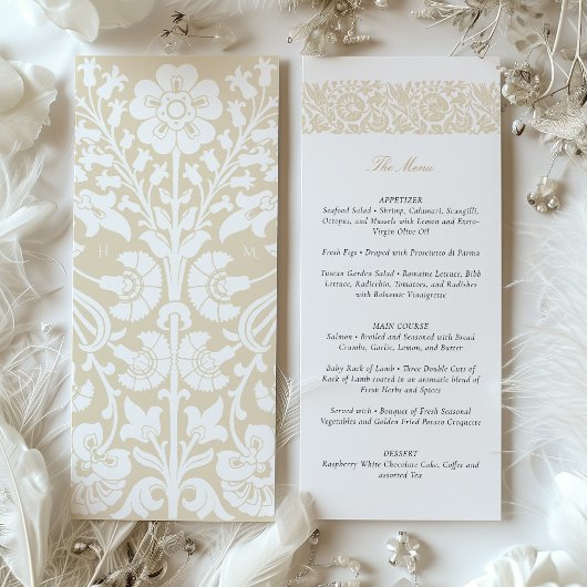 Elegante Beige en Ivoren Bloemen Wedding Menu Kaar Kaart