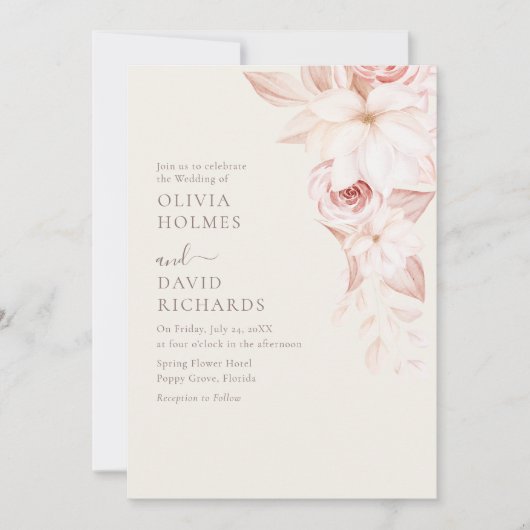 Elegante Beige en Roze Rozen Bruiloft Uitnodiging (Voorkant)