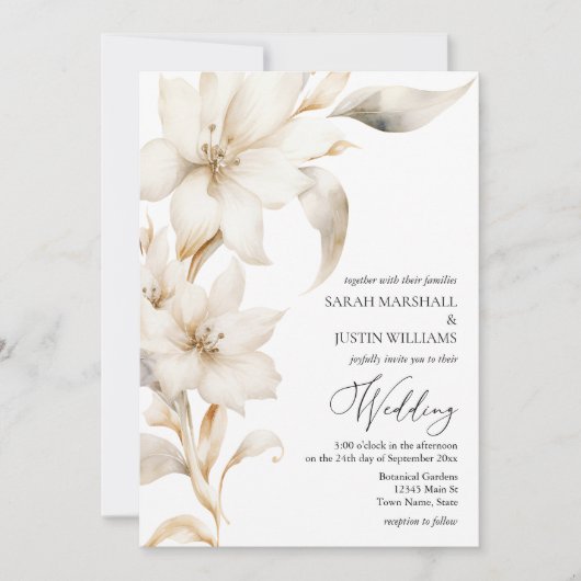 Elegante Beige en Witte Waterverf Bloemen Aankondi Aankondiging (Voorkant)