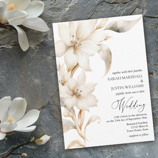 Elegante Beige en Witte Waterverf Bloemen Aankondi Aankondiging