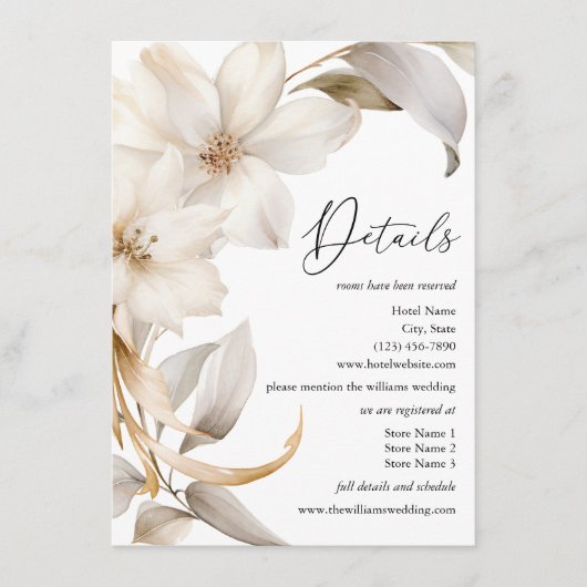 Elegante Beige en Witte Waterverf Bloemenbruiloft Informatiekaartje (Voorkant)