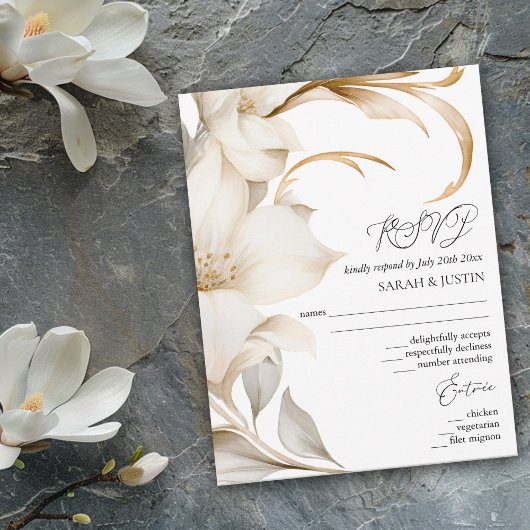 Elegante Beige en Witte Waterverf Bloemenbruiloft RSVP Kaartje