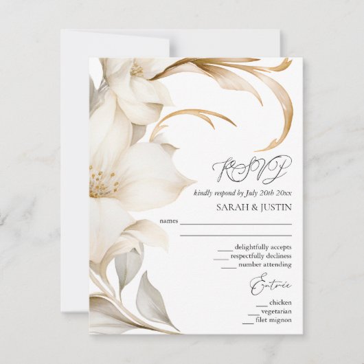 Elegante Beige en Witte Waterverf Bloemenbruiloft RSVP Kaartje (Voorkant)