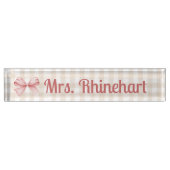Elegante Beige Gingham met Bow Accent Custom Naambordje (Voorkant)