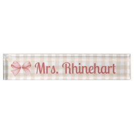 Elegante Beige Gingham met Bow Accent Custom Naambordje