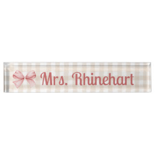 Elegante Beige Gingham met Bow Accent Custom Naambordje