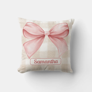 Elegante Beige Gingham met Pink Bow Accent Custom Kussen
