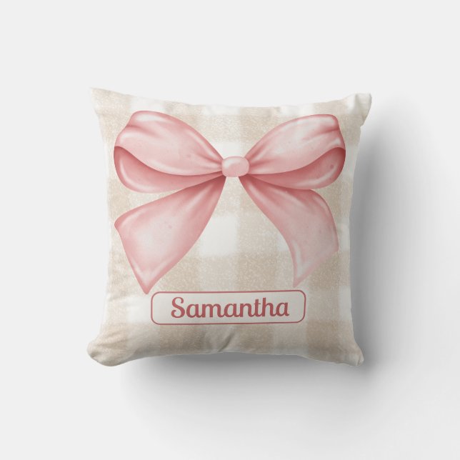 Elegante Beige Gingham met Pink Bow Accent Custom Kussen (Voorkant)
