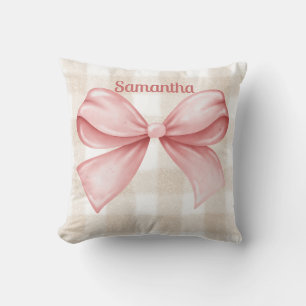 Elegante Beige Gingham met Pink Bow Accent Custom Kussen