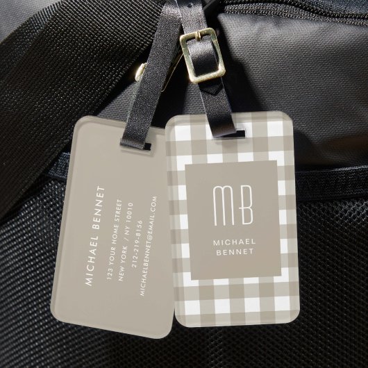 Elegante Beige Gingham Monogram Bagagelabel