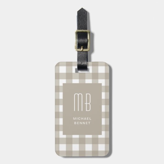 Elegante Beige Gingham Monogram Bagagelabel (Voorkant verticaal)