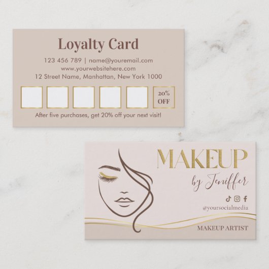 Elegante Beige & Goud Make-up Kunstenaar Loyalty (Voorkant / Achterkant)