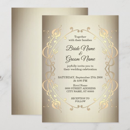 Elegante Beige Gouden Bloemen Bruiloftsinvitation Kaart (Voorkant / Achterkant)