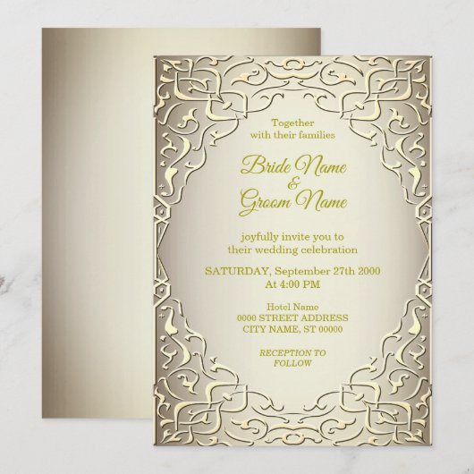 Elegante Beige Gouden Trouw Uitnodiging (Voorkant / Achterkant)