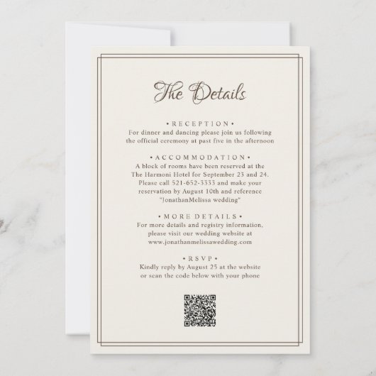 Elegante Beige Grens QR Code Alles in Één Huwelijk Kaart (Achterkant)