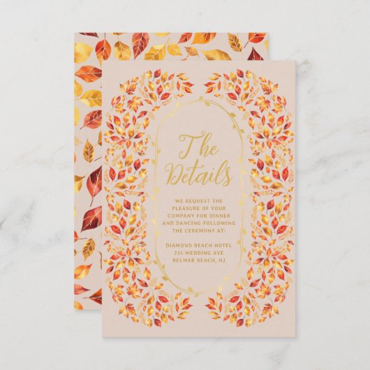Elegante Beige Herfst Rustiek Bladeren Trouwdetail Informatiekaartje (Voorkant / Achterkant)