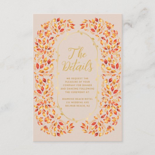 Elegante Beige Herfst Rustiek Bladeren Trouwdetail Informatiekaartje (Voorkant)