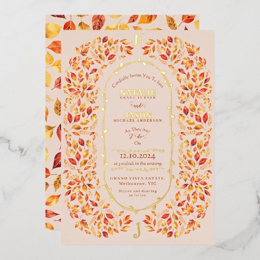 Elegante Beige Herfstbladeren Rustieke Boho Bruilo Folie Uitnodiging (Voorkant / Achterkant)