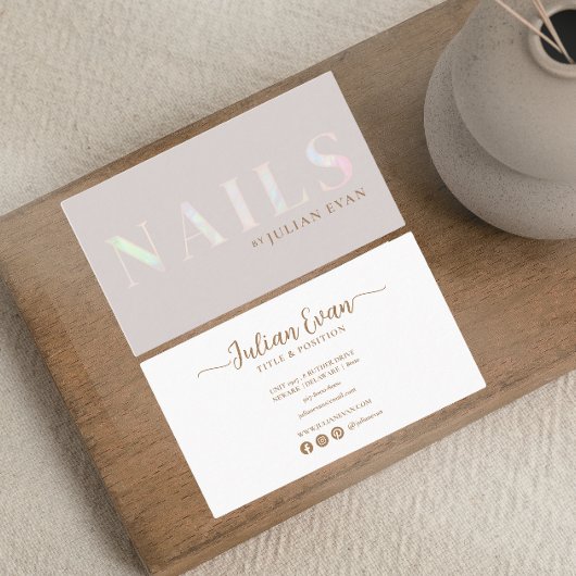 Elegante Beige Holografische Opal Nail Visitekaartje