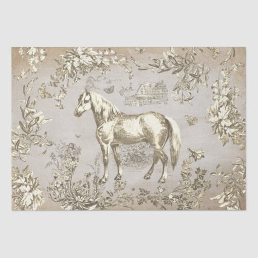 Elegante Beige Horse Floral Toile Kraft Tissuepapier (Voorkant)