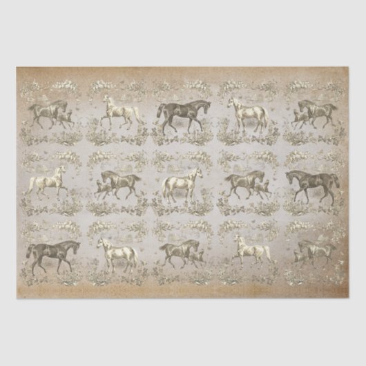 Elegante Beige Horse Floral Toile Kraft Tissuepapier (Voorkant)