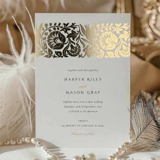 Elegante Beige Ivoor Bloemen Huwelijk Folie Uitnodiging