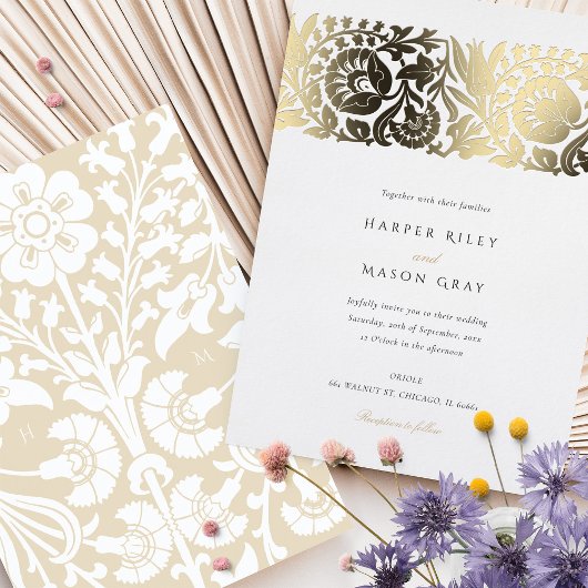 Elegante Beige Ivoor Bloemen Huwelijk Folie Uitnodiging