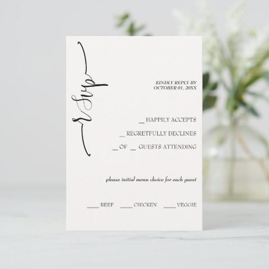 Elegante beige kalligrafie RSVP kaartje (Staand voorkant)